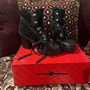 Guess Genuine Leather Suede Lace Up Black Heeled Boots